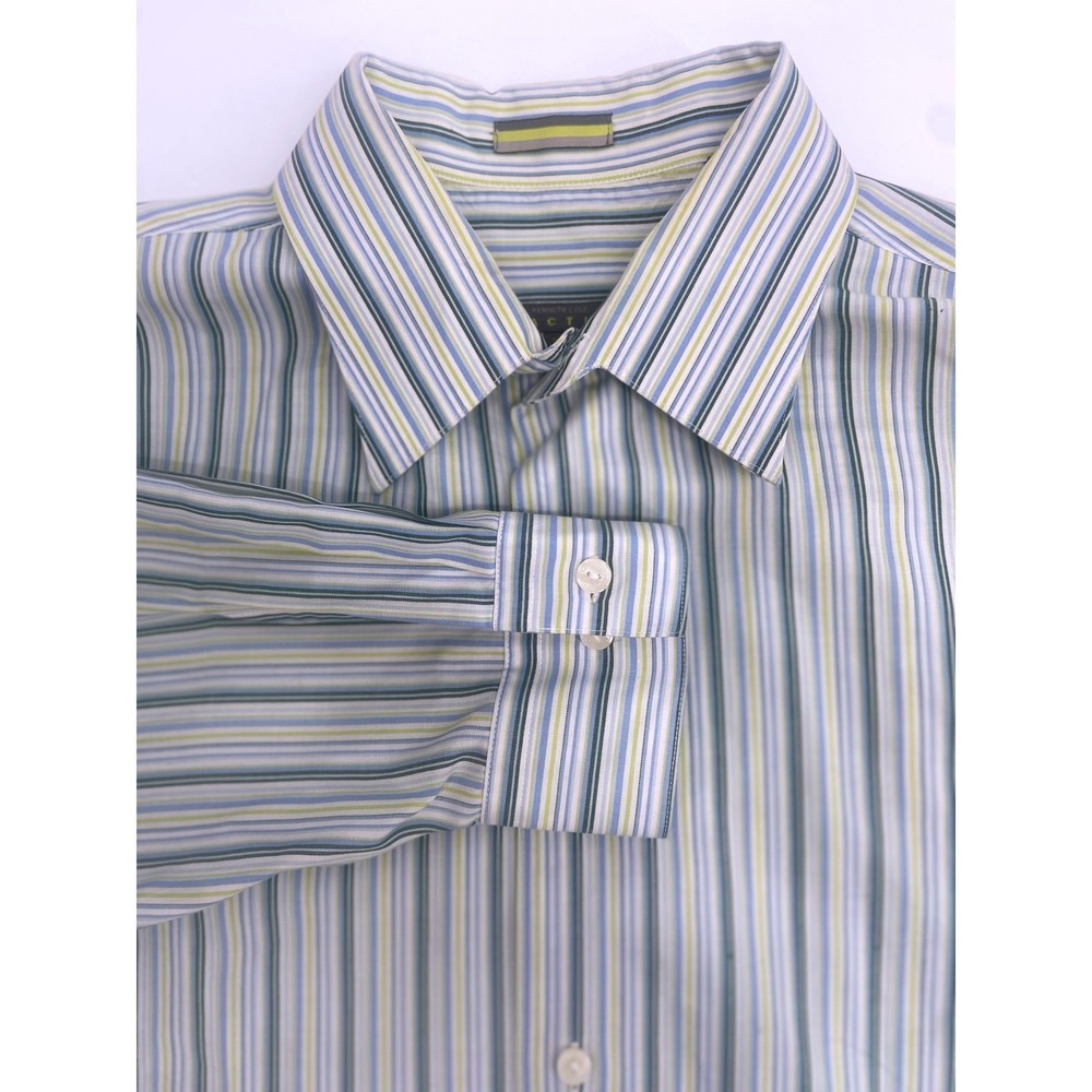 Kenneth Cole Reaction Mens Striped Dress Shirt Blue Green‎ White 16.5 34/35 L